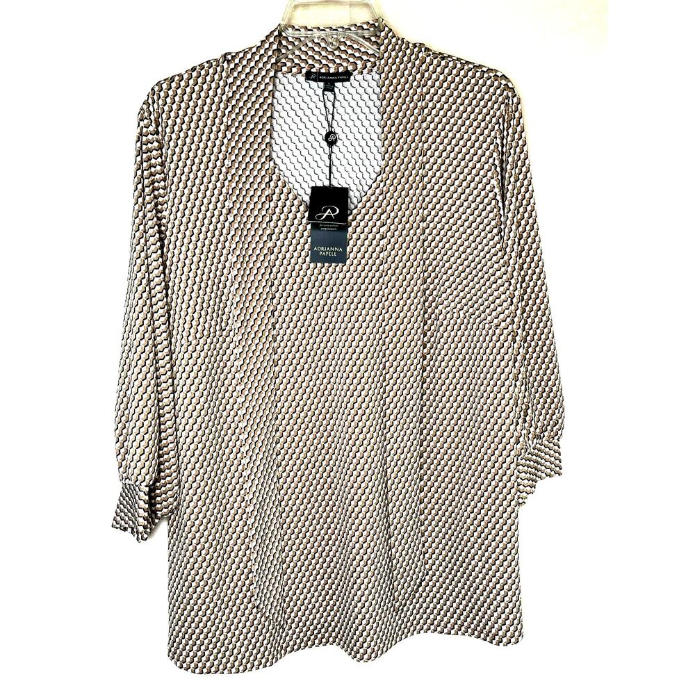Adrianna Papell Tie Neck 3/4 sleeve blouse, tan/white/black print, size 1X, NWT